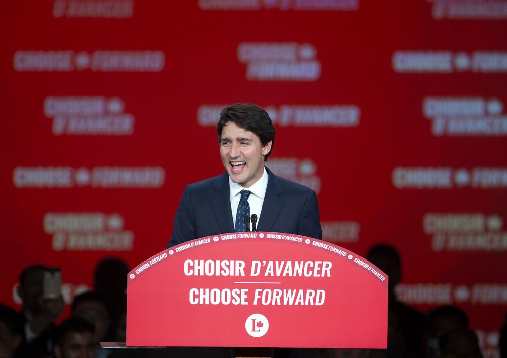 Justin Trudeau speaks in Montreal after his election victory Monday night. Photographer: Christinne Muschi/Bloomberg